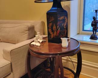 Chinese Barrel Form Table. An Antique Chinoiserie Lamp.  