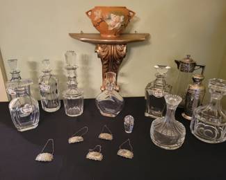 A nice selection of Crystal Decanters. A .800 Silver Carafe. An Italian Cocktail Shaker. Decanter Tags. 