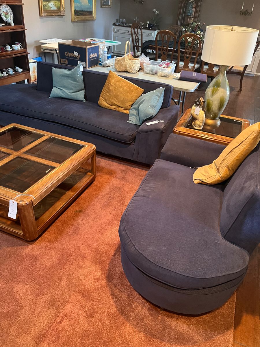 Mid century sectional sofa, tables and lamp