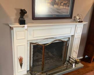 G. Harvey print and Bronze mountain lion , fireplace accessories.