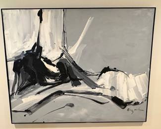 Signed Black and White Abstract Painting 60.5"W x 48.5"