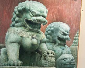Oversized Acrylic on Canvas Signed Painting Depicting the Three Chinese Guardian Lions or "Foo Dogs".
44.5" x 51.75"