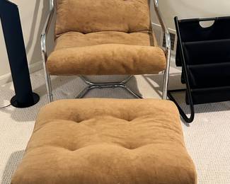 Fantastic Vintage 1960's Chrome Century Sling Lounge Chair by Unarco Industries in the Style of Milo Baughman, Ottoman Measures 25"W x 21"D x 15.5"H and Chair is 27.75"W x 33.75"D x 33.5"H.