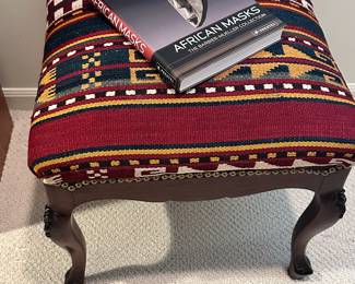 Vintage Kilim Foot Stool with Floral Carvings on the Legs, 19"W x 19D x 19"H.