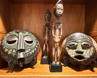 Ornate Ashanti Buluba 12" Wooden Tribal Mask from West Africa with Metal Geometric Inlay and Colorful Beads, a Pair of 20" Baule Statues from the Ivory Coast Likely Representing Spirit Spouses and Another Ashanti Baluba Mixed Media Wooden Mask, 11.25".