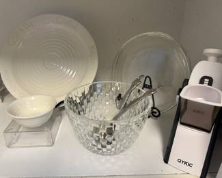 Fantastic Two Piece 15" Wordware Chip & Dip Set Shown with a Toscany Glass Clear Lattice Weave Textured Salad Bowl and Carrol Boyes "Kissing" Salad Servers