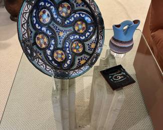 Great Italian Side Table Shown with a Signed Navajo Wedding Vase, 6", a Cleo Teissedre Hand Painted Ceramic Trivet Tile and a Stunning 13.5" Moroccan Nickel Silver and Ceramic Hand Painted Bowl.