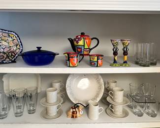 This 10" Hand Painted Bowl (Made in Portugal) Adds a Wonderful Pop of Color to your Dining Table. 9.5" Anchor Hocking Blue Covered Casserole, Naylor Designs Tea Set and Pair of Prospero Design Works Multicolor Taper 7.25" Candle Holders.