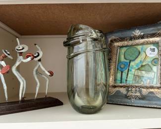 Fabulous Sage Green Blown Glass Vase Shown with Signed Enrique Cabrera (Puerto Rico) Musician Figurine and an Additional Signed Kandy Myny Print.