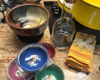 Fabulous Set of 4 Talavera 4" Pottery Bowls Shown with a Vintage Gunnar Cyren for Dansk Wine Carafe with Teak Wood Stopper and French Provincial Style Yellow Napkins with Olive Branch Pattern, Set of 6 Available.