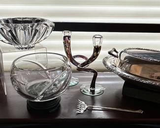 Gorgeous Tiffany & Co 8" Crystal "Cut Rock" Bud Vase and 5" Crystal Swirl Bowl Shown with an Orrefors 8" "Orion" Crystal Bowl, Two Piece Silver Plate Serving Dish and Amazing French Candlesticks.