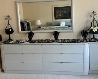 Still More Wonderful Jewlery Available Shown on a Custom Laminate 6-Drawer Dresser With Two Matching Side Cabinets, Dresser Measures 7' Long x 29.5"H, Each Side Cabinet Measures 25" Matching Mirror 61"W x 34".