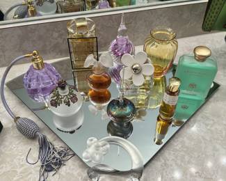 Sweet Mirrored Tray with Decorative Perfume Bottles by Chloe, Marc Jacobs "Daisy", Fendi "Palazzo" Perfumes, "Green Water" Eau De Toilette by Jacques Fath.