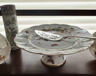 Elegant Vintage Bone China" 12 Pedestal Cake Plate with Butterfly Pattern and Silver Cake Knife Shown with Rare Shelley and Royal Chelsea Tea Cups.