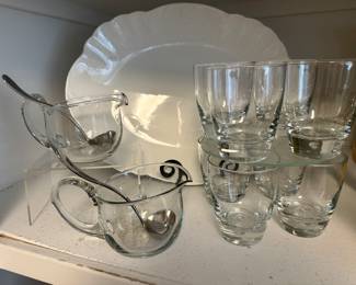 Lovely 18" John Maddock White Serving Platter with Ruffled Edges, a Pair of Clear Gravy Boats with GS Silver Ladles and 12oz Tumblers.