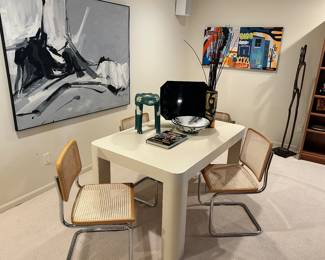 Vintage Formica Dining Table in Cream, Square Shaped Top with Rounded Edges, 54"W x 36" x 29"H and 4 Original Marcel Breuer Cesca Italian Cantilever Chrome Cane Chairs, 18"W x 19"D x 33H with 3 Replacement Seats