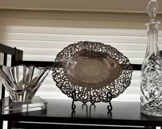 Not to be Missed is a Gorgeous Antique J.E. Caldwell & Co (Philadelphia) 13.5"w x 2"D x 11"H Sterling Silver Serving Platter with Filagree Detailing and Signed Crystal Available!