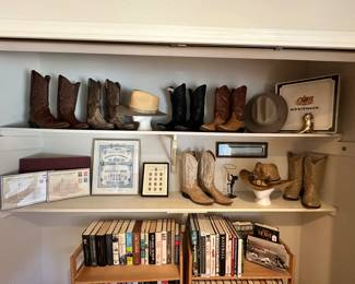 Closer View of the Men's Cowboy Boots, Stetson Hats and Stamp Collectibles.