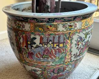 Vintage 15"W x 13"H Chinese Famille Rose Porcelain Planter with Decorative Faux Tree