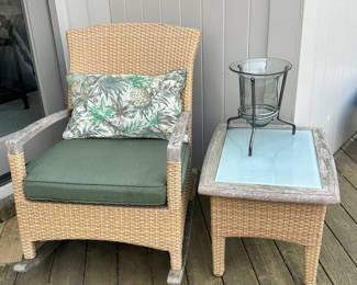 Gloster Teak Wicker Rocking Chair and Side Table.