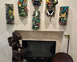 Wonderful Assortment of Costa Rican Ceremonial Masks Shown with an African Wooden Fertility Figure and Oversized Copper Foot Bath "Soi De La Hacienda De Tomendan".