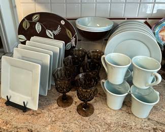 Ice Blue Tabletops "Misto" 8" Square Plates and Matching Set of 6 10" Dinner Plates shown with Delicate Primagero (Portugal) Coffee Mugs and Vintage Noritake Smokey Brown "Perspective" Wine Glasses, 2 Sizes Available.