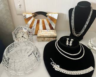 Stunning MAD by Design Shell Hand Bag Shown with a Steiger Clock, Waterford Bowl and CZ Costume Jewelry.