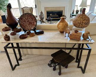 Wonderful Collection of Home Decor Shown on a Stunning Vintage Roche Bobois Minimalist Floating Steel Console Table with a Travertine Top, 58"W x 18"D x 28.75"H.