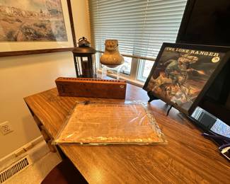 Historic Newspaper with COA of the Wall Street Journal from December 5, 1930, in Protective Case with a Lone Ranger Framed Album No. 1, Antique Wooden Cigar Press from Holland, a 16.5" Wrought Iron Lantern and Peruvian Shipibo Pottery Effigy Vessel, 9".