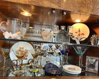 Elegant Selection of Barware Available Including a Signed A. Young Handblown Glass Bowl, Vintage Dansk Glass "Ice Cube" Triple Candle Holder, Whimsical Set of 4 Nancy Green 4.5" Appetizer Plates, Waterford Marquis Polka Dot Martini Glasses and More!