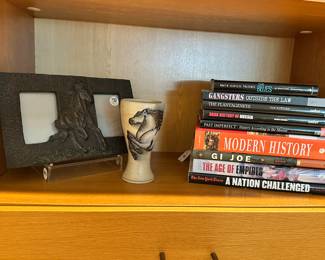 Still More Wonderful Literature Shown with Rock Hard Signed 7" Stoneware Vase and a Signed Copper Horse Frame by Frameology.