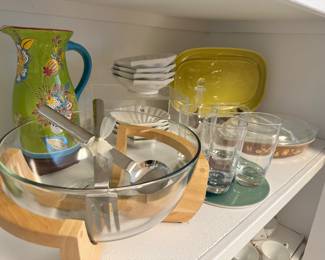 Fabulous Mid Century Modern Dolphin 9" Serving Bowl on Beechwood Stand Shown with Retroneu Stainless Serving Pieces and a Gorgeous Dutch Wax Pitcher and More.