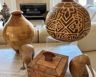 Whimsical Collection of Wooden Carved Items Including a John Berger Wooden Pot with Lid and African Hand Carved Shaker Gourd.