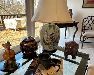 Vintage Porcelain Painted Asian Table Lamp on Wooden Base, 26" H with Linen Shade Shown with Collectible Treasures.