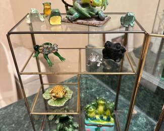 Vintage Brass/Aluminum Glass Curio Cabinet Filled with a Charming Collection of Frog Keepsakes.