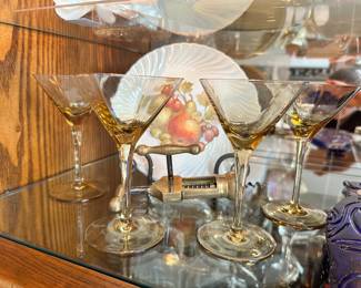 Detailed View of the Vintage Burgess and Leigh Burleigh Appetizer Plates, Vintage Brass Wine Opener and Set of Four Vintage Amber Martini Glasses.