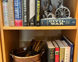 Great Selection of Hand-Crafted Pewter Signed Michael Ricker (USA) Figurines Shown with a Stamped Copper Bowl and a Hardwood Poster Type Printing Block.