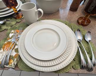 Another Photo of the Wonderful Dansk Japan "Rondure Rye" WHEAT 5 Piece Place Setting for 12 Shown with Gorgeous Vintage Dansk "Torun" Flatware, 5 Piece Place Setting for 12 and a Set of 6 Green Rattan Vintage Placements and Napkins.