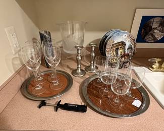 Mid-Century Modern Pair of Steiff Pewter and Woodgrain Serving Trays (P30) Shown with Pewter Holland Candlesticks, Limoges Decorative Plates and Glassware Available.