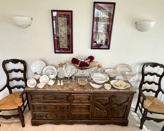 Still More Beautiful China Available Shown on a Vintage Buffet Server with Custom Granite Top, 74"W x 19"D x 32.5"H and Vintage Youngstown Star Mfg. Co. Pair of Ladderback Chairs, 4 Dining Chairs Also Available.