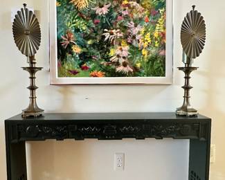Stunning Foyer Featuring a Vintage Chinese Carved Rosewood Altar Table in a Rich Dark Green Lacquer (47.5"W x 9"D x 28"H) with a Pair of Vintage Holzheimers Adjustable Brass Candlestick Lamps and One of Many Signed R. Jerzy Paintings.