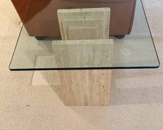 Fabulous Italian Diapason Cattelan Italia 11"W x 11"D x 21"H Post Modern Travertine Side Table with Thick Glass Top Measuring 24" Square.