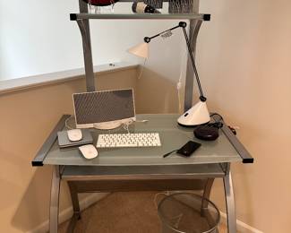 Additional Piece of Stainless and Frosted Glass Desk Furniture includes a Desk with Recessed Keyboard and Elevated Shelf.