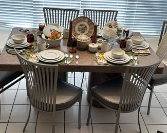 Wonderful Kitchen Dining Table (66"W x 38"D x 30.5"H) in Mineral Sepia with Formica "C" Shape Double Base and 6 Metal Upholstered Seat Dining Chairs.