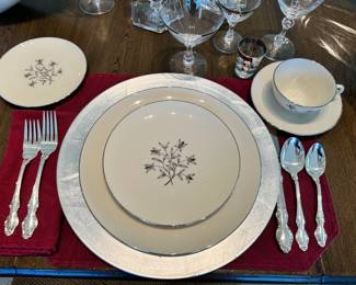 Timeless Lenox "Princess" 5 Piece Place Setting for 12 (with Large Serving Platter and Serving Bowl) Shown with a Five Piece Place Setting of Reed & Barton English Crown Flatware for 12 with Many Serving Pieces!