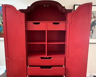 Interior View of the Mount Airy Mantle & Table Co, Inc. Red Wardrobe Cabinet, 39"W x 18"D x 66"H.
