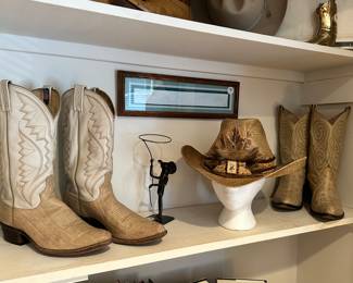 Wonderful Dan Post Size 10 Boots Shown with a Roland Metal Art Roper, Brand New Charlie 1 Horse Cowboy Hat Hand Made Featuring Racoon Fur, Boa Constrictor Snakeskin, Partridge Feathers and Deer Hooves and a Pair of Larry Mahan Leather Boots, Size 10 D.