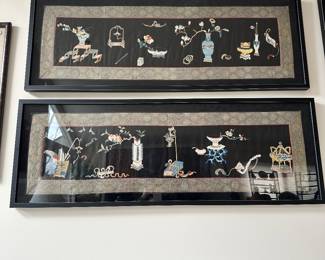 Pair of Stunning Black Embroidered Silk Panels, 55" x 19.5" Each.