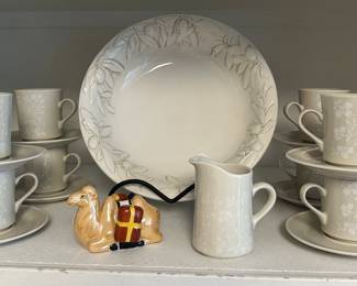 Lovely Linear Stoneware Cups & Saucers "Fresh Flowers" Two Sets of 4 Available plus a Creamer, a Lovely Williams Sonoma 9.5" Olive Motif Serving Bowl and Whimsical Camel Salt & Pepper Set.