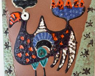 One of a Pair of Rare Midcentury Ceramic Tiles, 12" x 12".